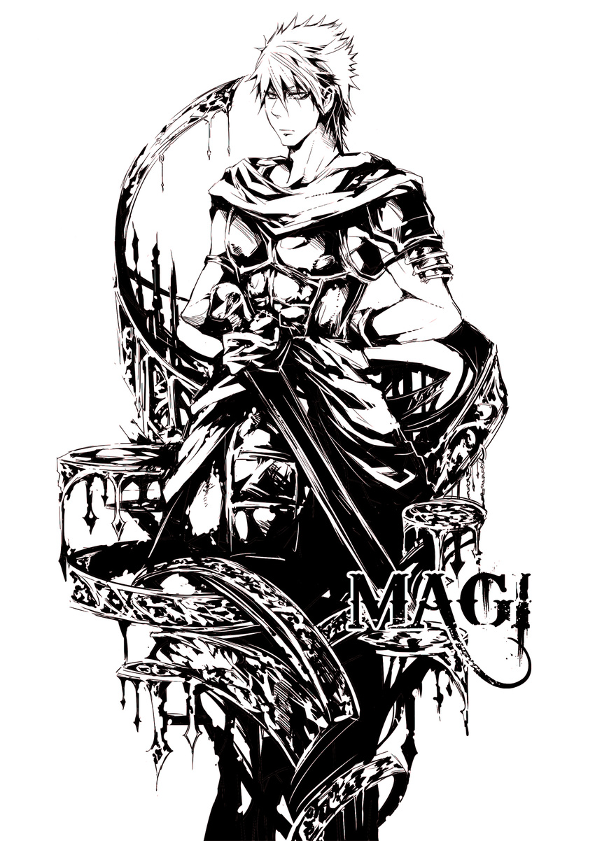 anyueh armor arms_behind_back copyright_name highres magi_the_labyrinth_of_magic masrur monochrome sword weapon