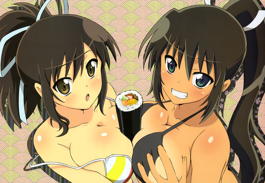 :o absurdres asuka_(senran_kagura) between_breasts bikini blush breast_press breasts brown_eyes brown_hair food green_eyes grin hair_ribbon highres homura_(senran_kagura) long_hair looking_at_viewer makizushi multiple_girls noda_yasuyuki non-web_source nyantype official_art open_mouth ponytail ribbon scan seigaiha senran_kagura senran_kagura_shoujo-tachi_no_shin'ei sexually_suggestive smile strap_slip striped striped_bikini striped_swimsuit sushi swimsuit symmetrical_docking tan tanline teeth very_long_hair