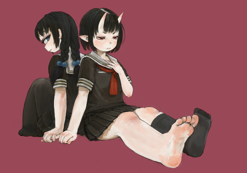 barefoot blue_eyes cyclops ebimomo feet horns multiple_girls one-eyed oni original pantyhose red_eyes school_uniform sitting skirt soles toes