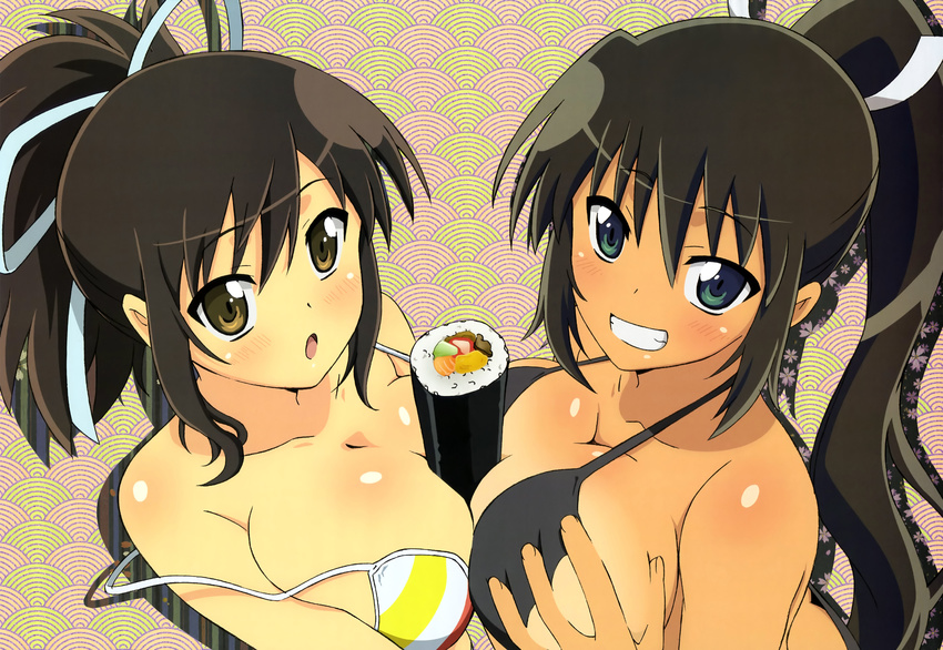 2girls asuka_(senran_kagura) bikini breast_hold cleavage food homura_(senran_kagura) nyantype ponytail senran_kagura swimsuit tan_lines