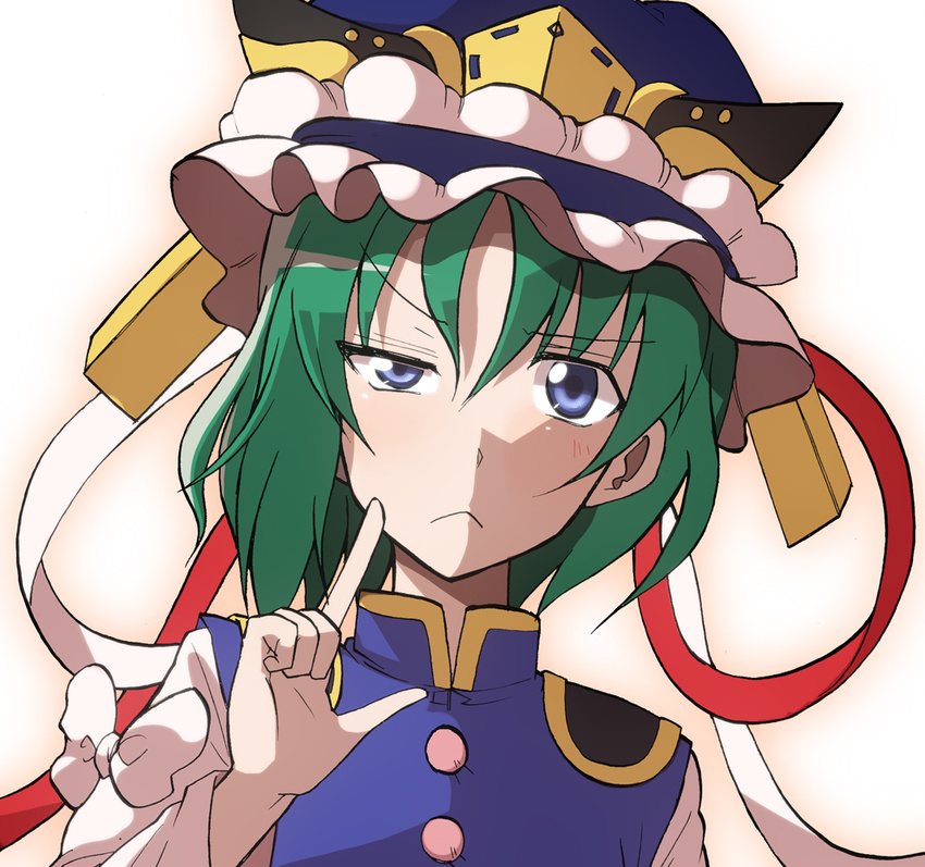 :&lt; blue_eyes face green_hair hat shiki_eiki short_hair solo touhou tsuji_kazuho