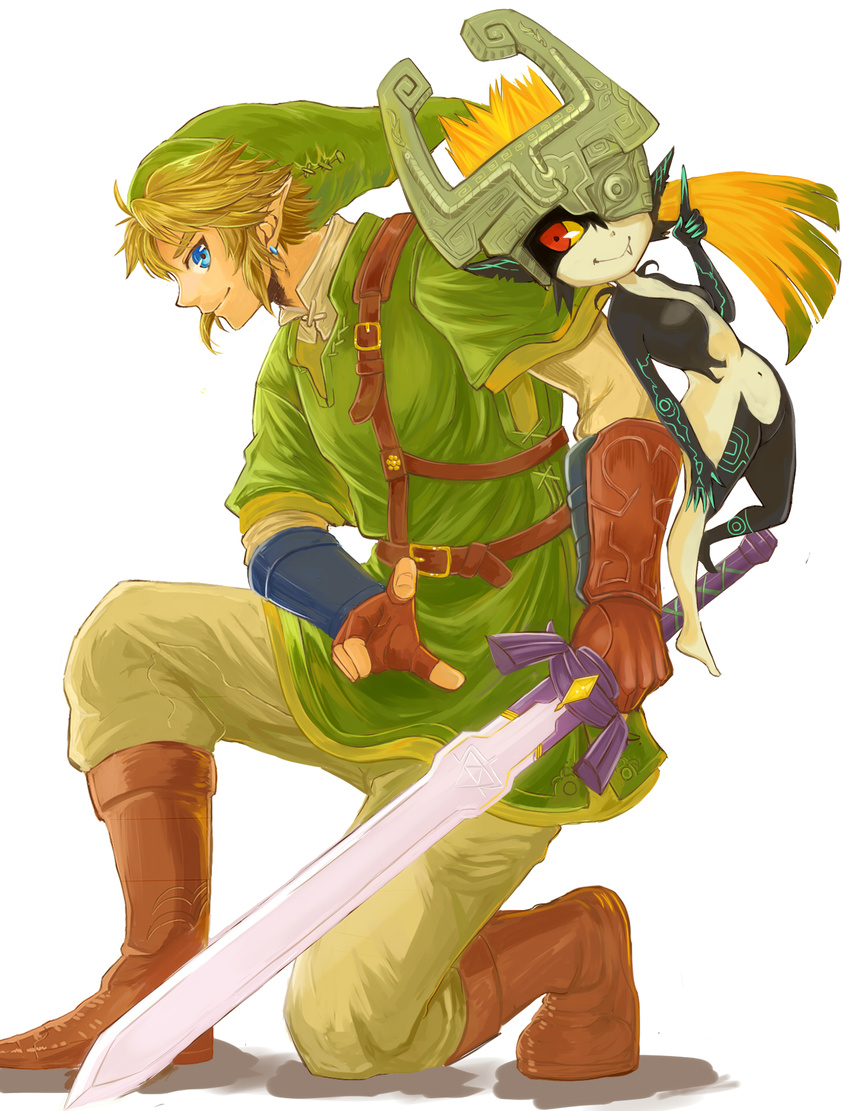 1boy 1girl bashikou blonde_hair blue_eyes boots fang gloves helmet highres imp link midna monster_girl nintendo pointy_ears red_eyes smile sword the_legend_of_zelda the_legend_of_zelda:_twilight_princess twilight_princess weapon yellow_sclera