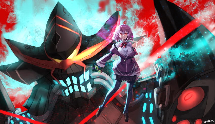 1girl alexis_kerib artist_name black_legwear black_skirt bow bowtie breasts brown_footwear closed_mouth david_lee glasses large_breasts loafers looking_at_viewer pleated_skirt purple_hair red_eyes shinjou_akane shirt shoes skirt sleeves_past_fingers sleeves_past_wrists smile ssss.gridman white_shirt