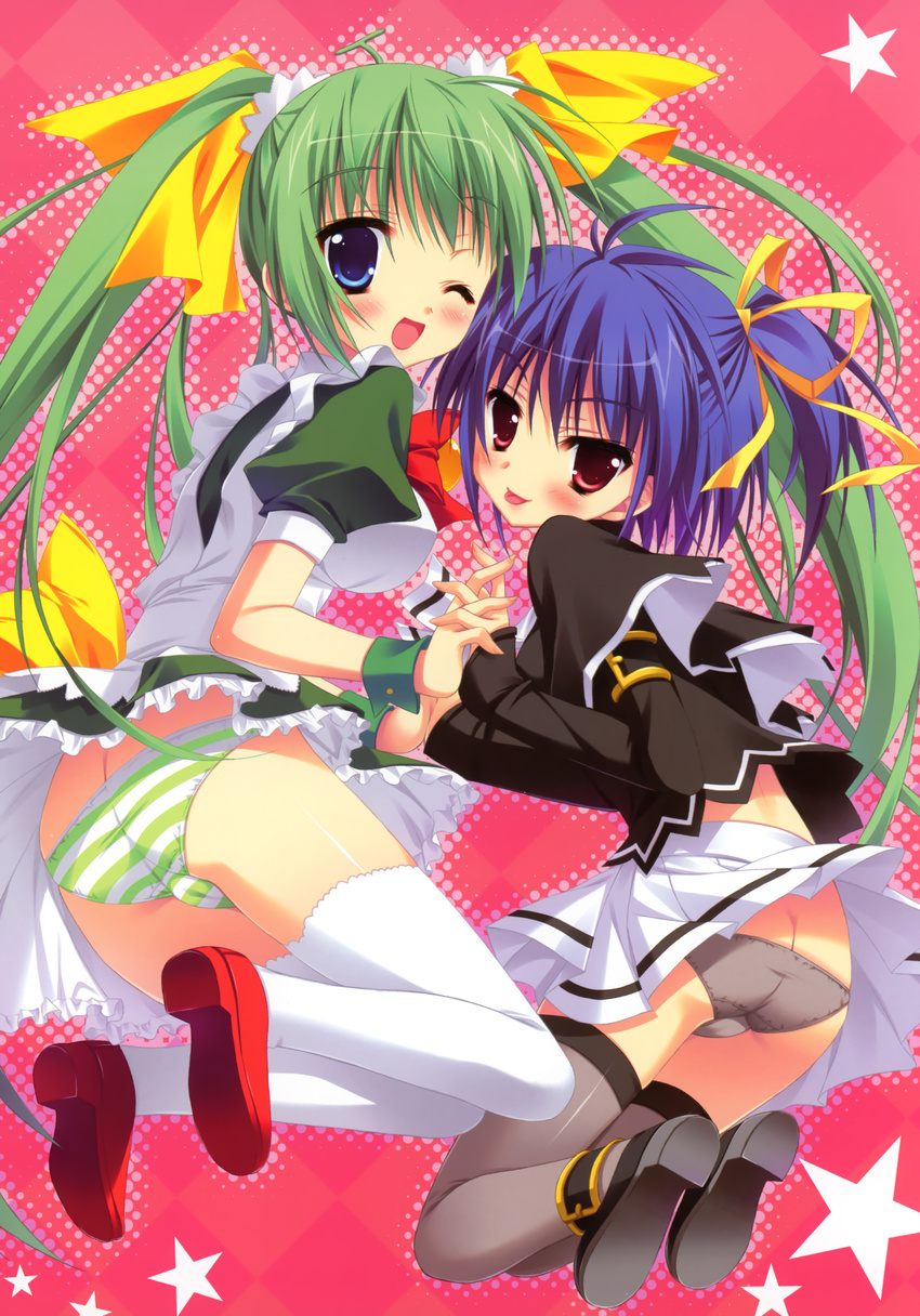 :p ;d absurdres black_legwear black_lemon-chan black_panties blue_eyes blue_hair bow green_hair green_panties hair_ribbon highres holding_hands melon-chan melonbooks moribe_(rabumanyo) multiple_girls one_eye_closed open_mouth panties pantyshot red_eyes ribbon short_hair smile striped striped_panties thighhighs tongue tongue_out twintails underwear upskirt white_legwear yellow_bow