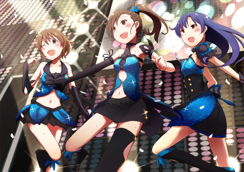 blue_hair blush brown_eyes brown_hair dress futami_mami hagiwara_yukiho idolmaster idolmaster_(classic) kisaragi_chihaya kokotetsu long_hair microphone multiple_girls music one_eye_closed open_mouth short_hair singing skirt smile stage