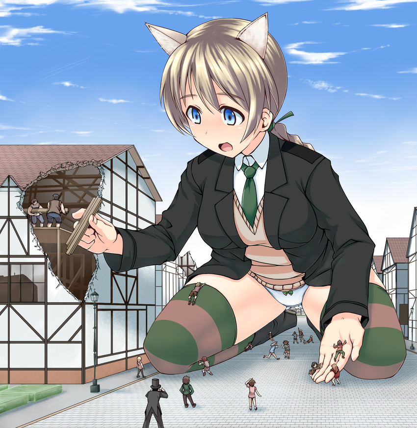 animal_ears blue_eyes braid brown_hair building cat_ears city construction giantess highres long_hair lynette_bishop necktie open_mouth panties single_braid strike_witches striped striped_legwear terada_ochiko thighhighs underwear world_witches_series