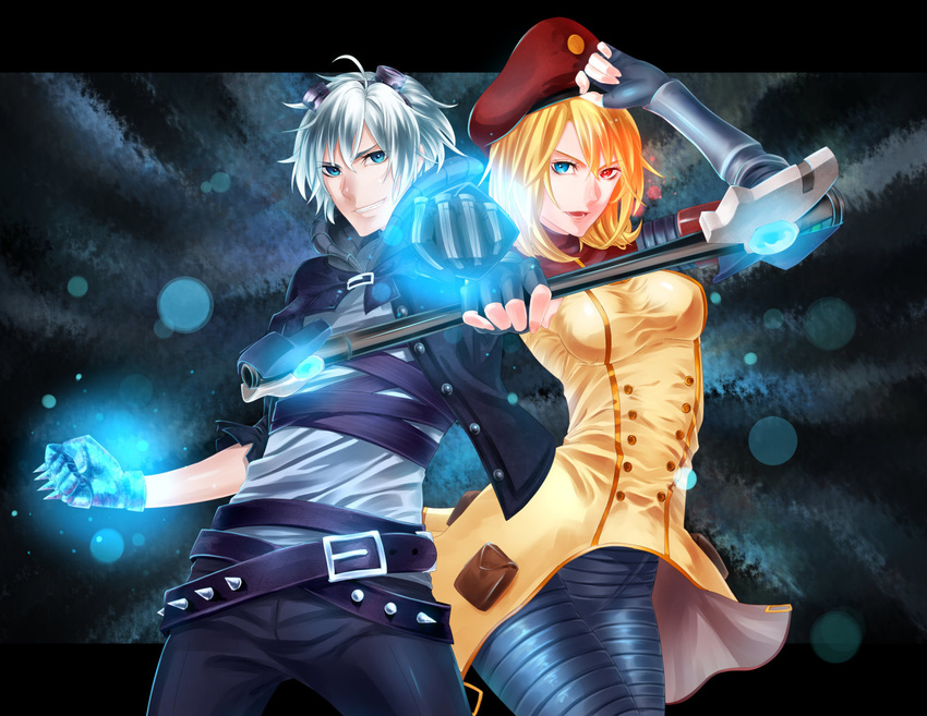 1girl alternate_eye_color armor belt blonde_hair blue_eyes ezreal fingerless_gloves frosted_ezreal gauntlets gloves goggles goggles_on_head grin hat heterochromia hikarusorano imperial_lux league_of_legends luxanna_crownguard open_mouth red_eyes short_hair silver_hair smile spiked_knuckles spikes staff weapon
