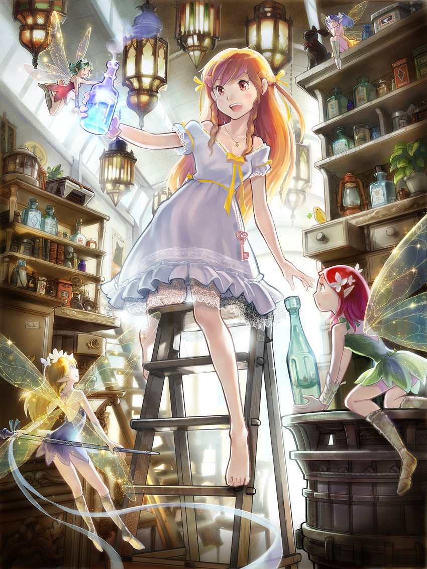 barefoot bird blonde_hair blue_eyes blue_hair bottle dress fairy fairy_wings flower green_eyes green_hair hair_flower hair_ornament hair_ribbon highres jewelry lace lace_trim ladder lantern multiple_girls necklace orange_hair original pointy_ears potion purple_eyes red_eyes red_hair ribbon shelf shirokichi size_difference sparkle twintails white_dress wings