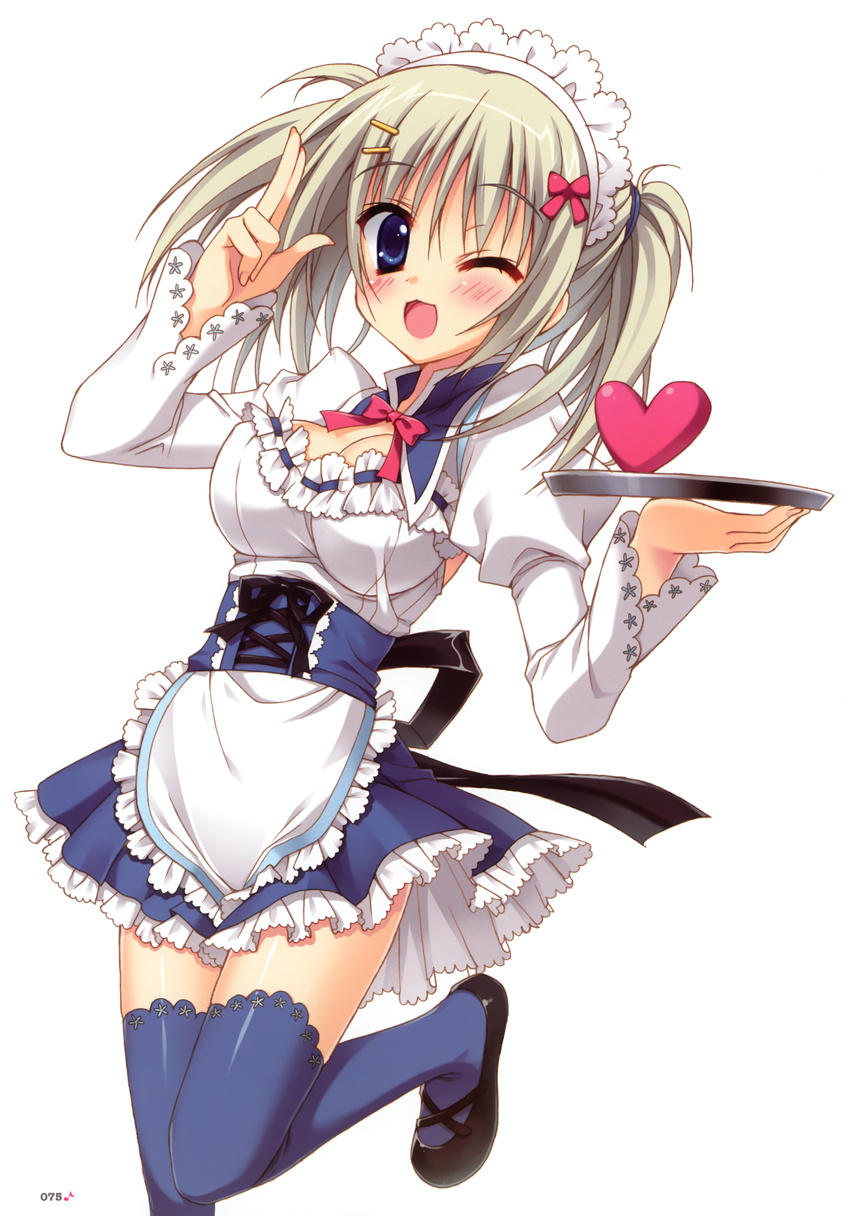 :3 :d ;3 ;d absurdres apron blue_eyes blue_legwear breasts cleavage dress grey_hair heart highres maid_headdress medium_breasts moribe_(rabumanyo) one_eye_closed open_mouth ore_to_ichino_no_game_doukoukai_katsudou_nisshi sawamura_kirika smile solo thighhighs tray twintails waitress