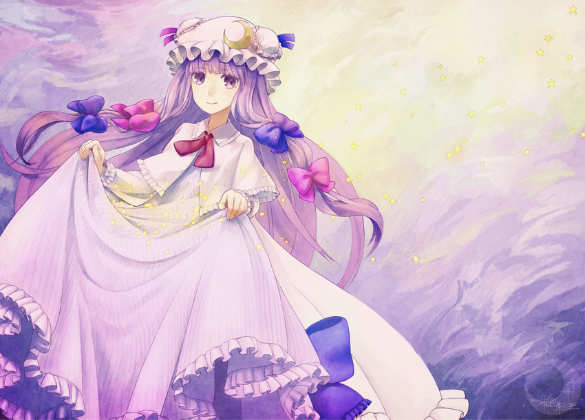 bad_id bad_pixiv_id blush bow crescent dress hair_bow hair_ribbon hat long_hair patchouli_knowledge purple_eyes purple_hair rackety ribbon skirt_basket smile solo star touhou