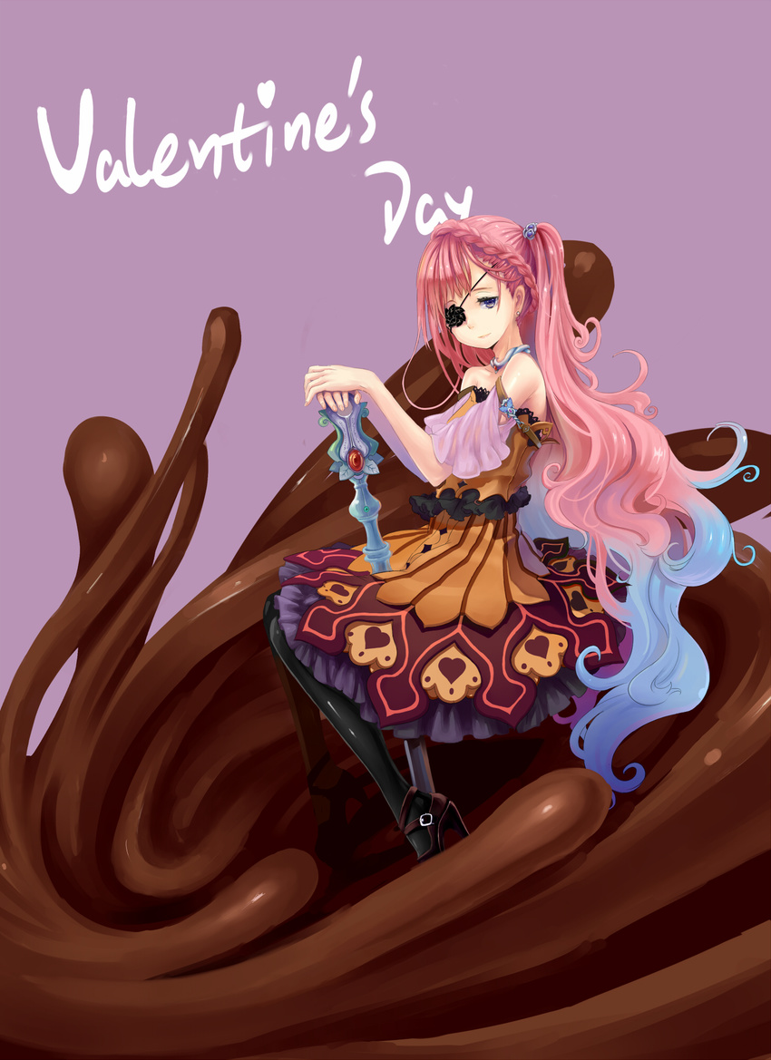 bare_shoulders blue_hair chocolate dress eyepatch gradient_hair hair_ornament heart heart-shaped_pupils high_heels highres jewelry long_hair multicolored_hair necklace necolab original pantyhose pink_hair purple_eyes shoes solo staff symbol-shaped_pupils valentine very_long_hair