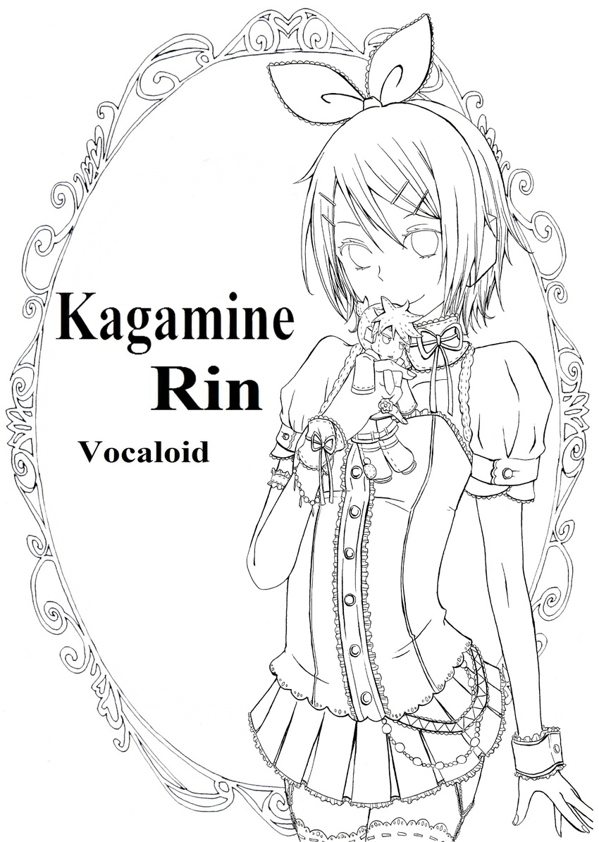 brother_and_sister character_doll character_name copyright_name gari_(apollonica) highres kagamine_len kagamine_rin lineart monochrome short_hair siblings skirt smile solo vocaloid