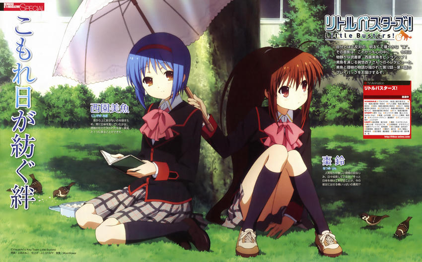 absurdres bird black_legwear blazer blue_hair book bow brown_hair bush dengeki_g's eurasian_tree_sparrow grass hairband highres jacket kneehighs little_busters! loafers long_hair multiple_girls natsume_rin nishizono_mio obentou official_art open_book outdoors pink_bow plaid plaid_skirt ponytail scan school_uniform shade shoes short_hair skirt sneakers sparrow tree ueda_mineko umbrella under_tree