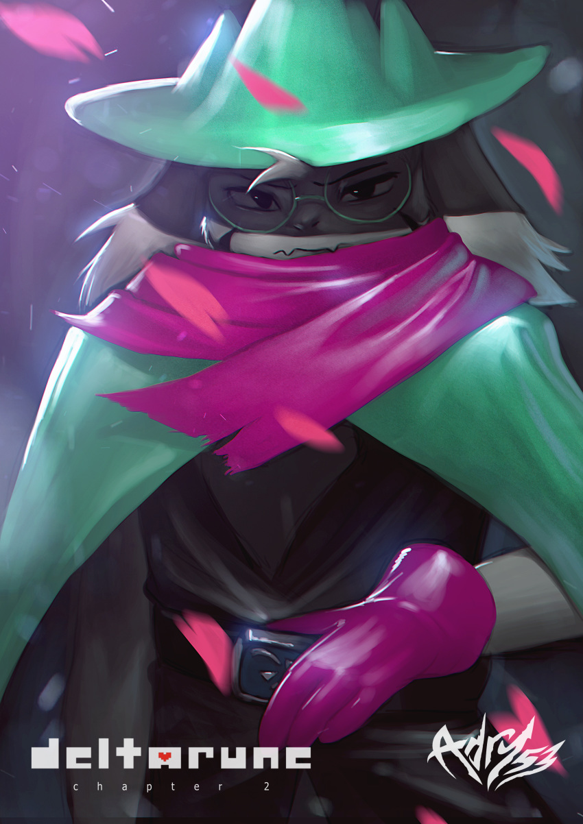 &lt;3 2018 abstract_background absurd_res adry53 anthro belt caprine clothed clothing deltarune english_text eyewear floppy_ears fully_clothed glasses gloves goat half-length_portrait hat hi_res looking_at_viewer mammal portrait ralsei robe scarf signature solo standing text