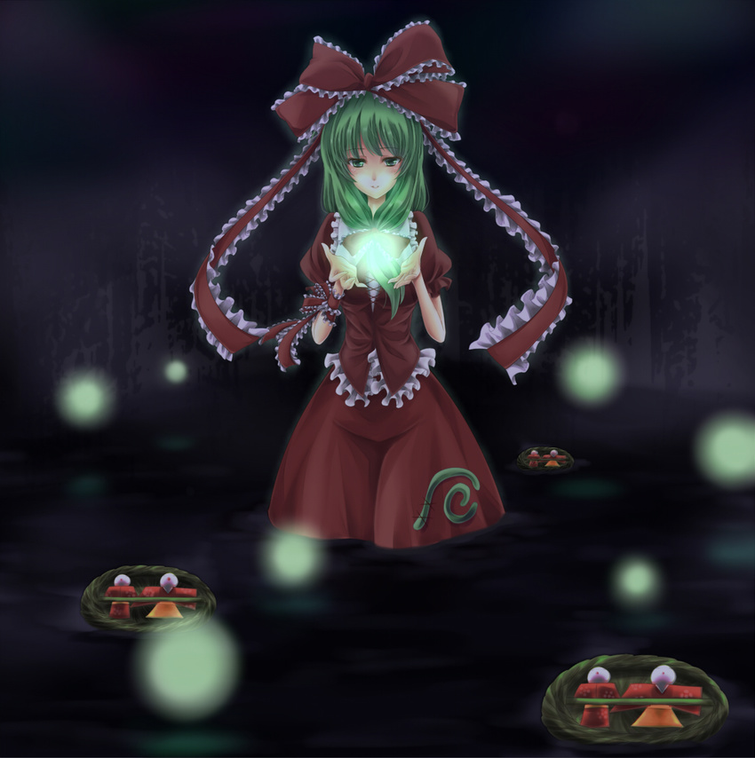 basket blouse blue_background front_ponytail green_eyes green_hair hair_ribbon hina_ningyou kagiyama_hina kirieroido_iii light_particles long_hair looking_at_viewer puffy_short_sleeves puffy_sleeves ribbon short_sleeves skirt solo standing stream touhou wading water wrist_ribbon