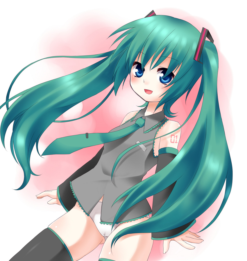 bad_id bad_pixiv_id blue_eyes detached_sleeves green_hair hatsune_miku highres hikataso long_hair necktie no_pants open_mouth panties solo thighhighs twintails underwear very_long_hair vocaloid