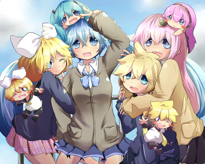 6+girls aqua_hair bad_id bad_pixiv_id blonde_hair blue_eyes blue_hair chibi chibi_on_head hair_ribbon hatsune_miku kagamine_len kagamine_rin long_hair megurine_luka multiple_boys multiple_girls on_head one_eye_closed open_mouth pink_hair railing ribbon sakutyoko short_hair skirt twintails v very_long_hair vocaloid