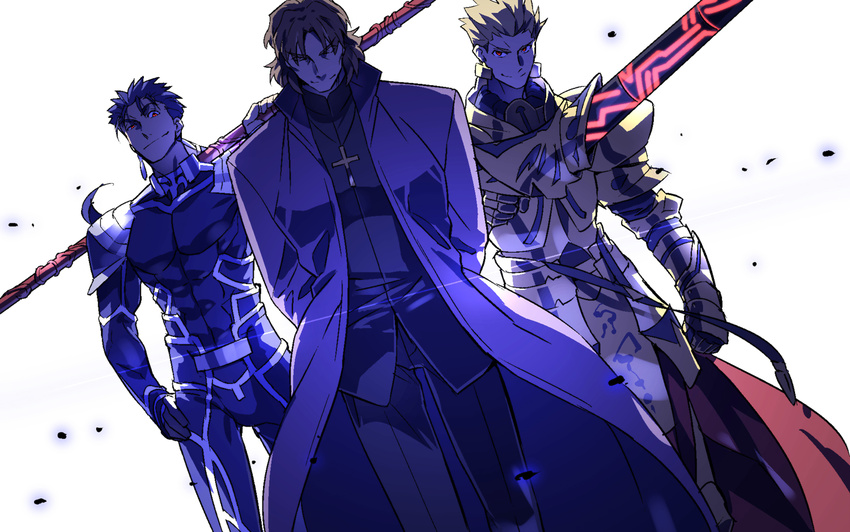 armor blonde_hair blue_hair brown_hair cassock cross cross_necklace ea_(fate/stay_night) fate/stay_night fate_(series) gae_bolg gilgamesh jewelry kon_manatsu kotomine_kirei lancer long_hair male_focus multiple_boys necklace polearm ponytail red_eyes spear weapon