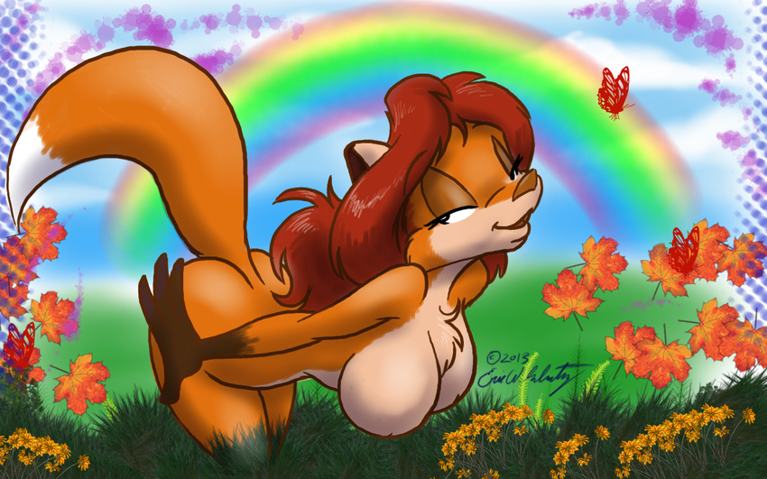 amber_fur arthropod big_breasts breasts butterfly canine eric_schwartz female flower fox fur grass grassland hanging_breasts insect leaves looking_at_viewer mammal nude orange_fur outside rainbow raised_tail sheila_vixen solo tuft