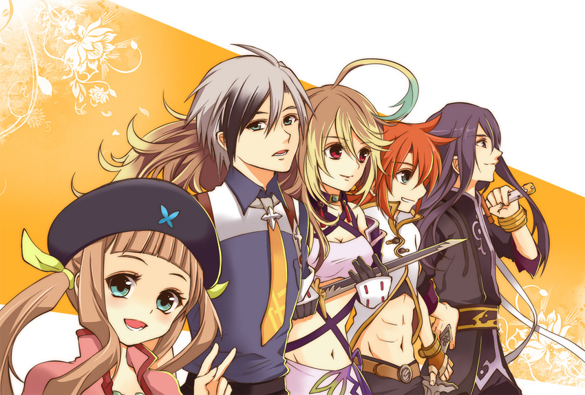 3boys ahoge aqua_hair bad_id bad_pixiv_id belt beret black_hair black_hat blonde_hair blue_eyes brown_hair coat elle_mel_martha gloves green_eyes grey_hair group_picture group_profile hat janne1230 lineup long_hair ludger_will_kresnik luke_fon_fabre midriff milla_maxwell multicolored_hair multiple_boys multiple_girls navel necktie orange_background profile red_eyes red_hair shirt smile sword tales_of_(series) tales_of_the_abyss tales_of_vesperia tales_of_xillia tales_of_xillia_2 twintails two-tone_hair weapon yuri_lowell