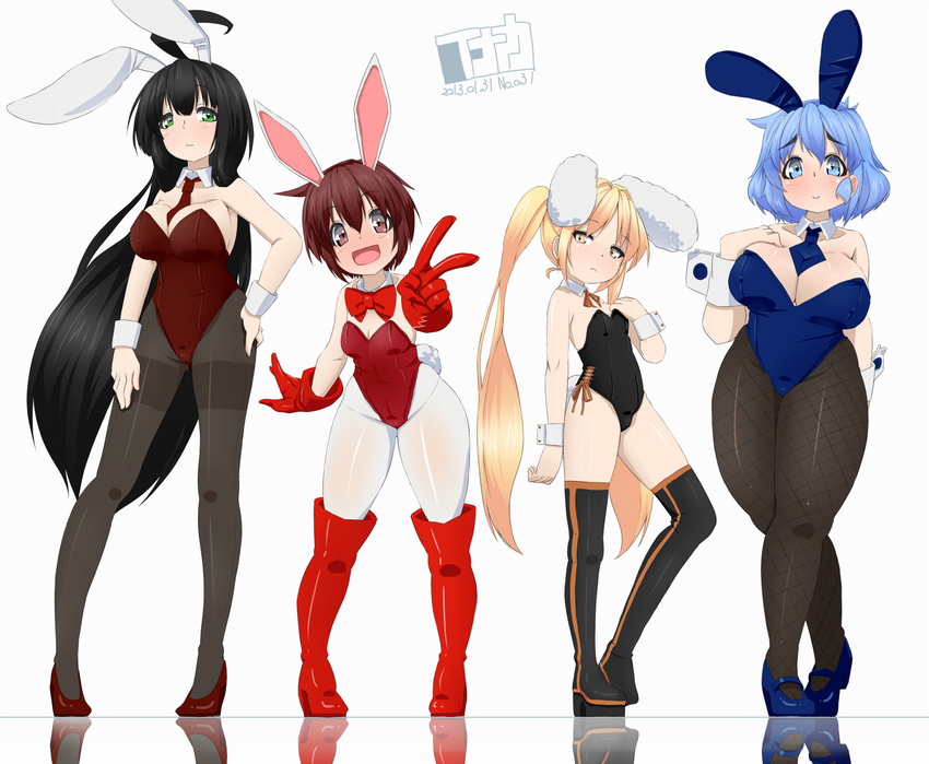 4girls ahoge animal_ears between_breasts black_hair black_legwear blonde_hair blue_eyes blue_hair blush boots bow bowtie breasts bunny_ears bunny_tail bunnysuit clothes_between_breasts collar detached_collar fake_animal_ears female fishnet_legwear fishnets flat_chest frown gloves hair_ornament hair_ribbon hand_on_hip highres hips huge_breasts inaka_keikou legs long_hair multiple_girls necktie open_mouth original pantyhose red_eyes red_hair reflection ribbon saku-bi_aiko saku_hinoko sho_yayoi short_hair simple_background smile standing tail thigh_boots thighhighs thighs twintails v very_long_hair white_background wide_hips wrist_cuffs yellow_eyes