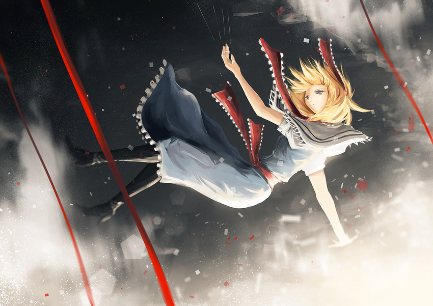 alice_margatroid arufa_(hourai-sugar) bad_id bad_pixiv_id belt black_footwear blonde_hair blue_dress blue_eyes blurry boots depth_of_field dress falling full_body grey_background hairband high_heels necktie red_string shoes short_sleeves solo string touhou