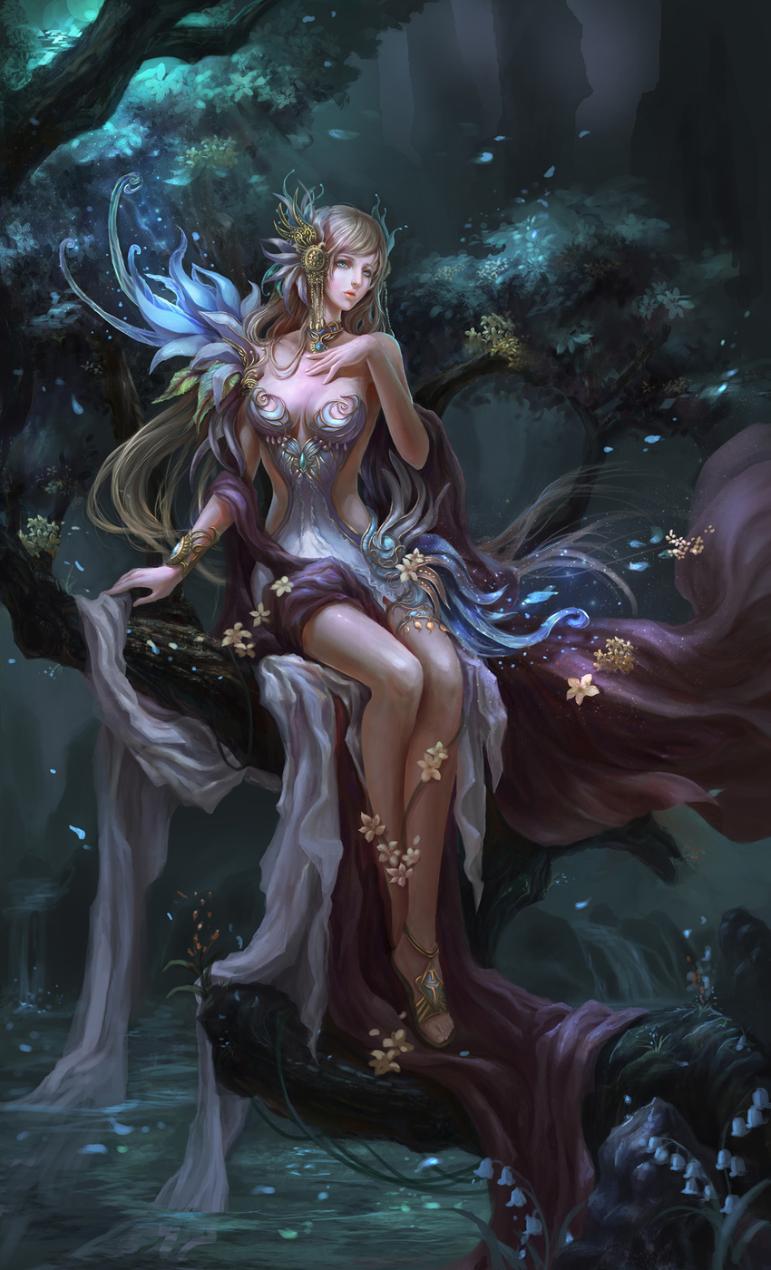 bad_id bad_pixiv_id bare_shoulders blonde_hair blue_eyes branch flower forest hair_ornament haoyuan highres jewelry lips long_hair moonlight nature necklace perfect_world sitting solo tree