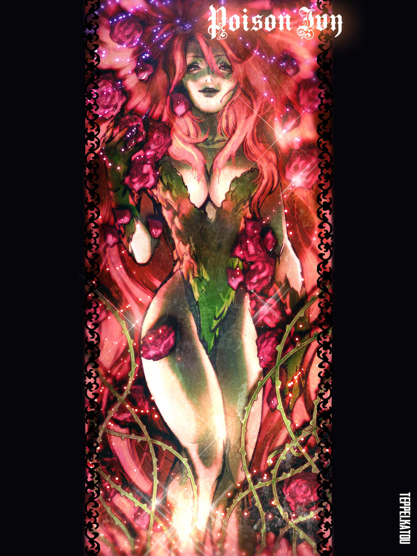 1girl batman_(series) breasts character_name cleavage dc_comics flower gloves green_eyes green_skin highres katou_teppei leotard long_hair poison_ivy red_hair solo strapless
