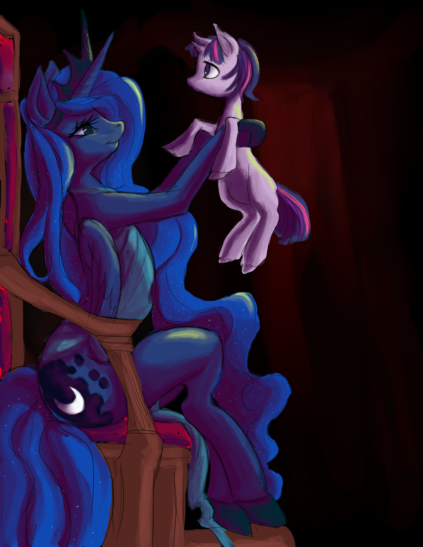 absurd_res blue_fur blue_hair crown cutie_mark duo equine fauxsquared female feral friendship_is_magic fur hair hi_res horn horse long_hair mammal multi-colored_hair my_little_pony pony princess_luna_(mlp) purple_eyes purple_fur royalty shaded throne twilight_sparkle_(mlp) unicorn winged_unicorn wings young