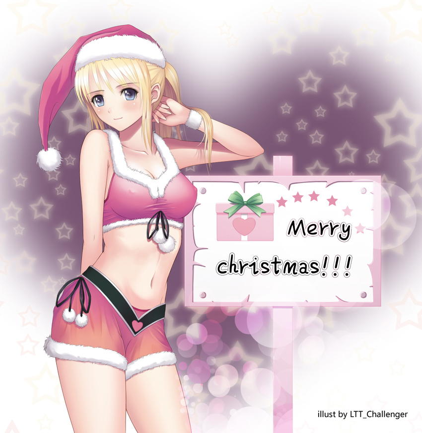 artist_name bad_id bad_pixiv_id blonde_hair blue_eyes box breasts christmas cleavage covered_nipples crop_top english gift gift_box hat highres long_hair looking_at_viewer ltt_challenger medium_breasts merry_christmas midriff navel original ponytail santa_costume santa_hat short_shorts shorts sign solo stomach tanaka_takayuki_(style) taut_clothes wristband