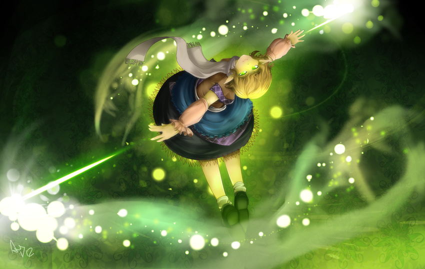 arm_warmers blonde_hair floating full_body glowing glowing_eyes green green_background green_eyes highres lohiaxel mizuhashi_parsee outstretched_arms pointy_ears pose scarf shoes short_sleeves signature skirt slit_pupils socks solo spread_arms touhou unmoving_pattern white_legwear
