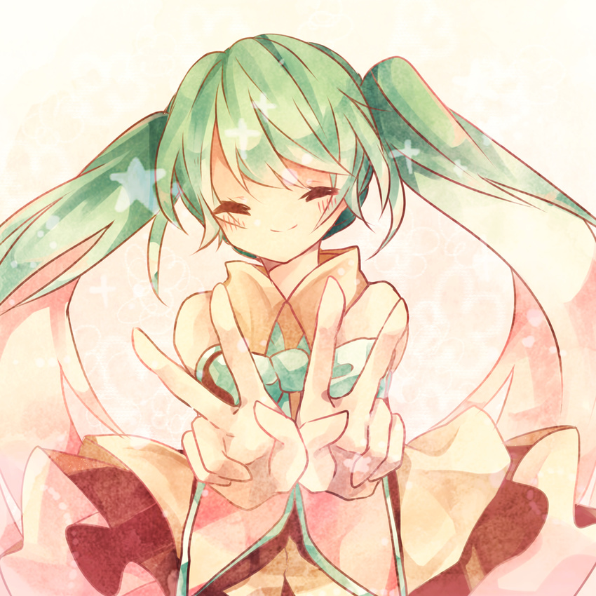 bad_id bad_pixiv_id choko_(alice_vessaliuss) closed_eyes double_v green_hair hatsune_miku highres long_hair smile solo twintails v vocaloid