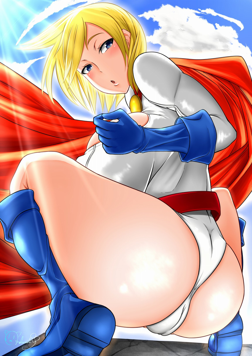 ass belt blonde_hair blue_eyes blue_footwear blue_gloves boots breasts cape cleavage_cutout cloud day dc_comics gloves highres huge_ass huge_breasts leotard looking_back nekomata_yotsuba parted_lips power_girl shiny shiny_skin short_hair sky solo squatting sunlight thick_thighs thighs wide_hips