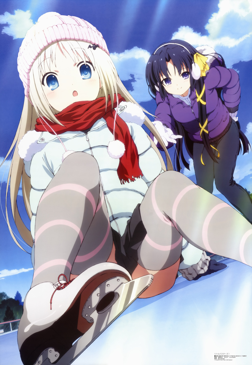 :o absurdres anno_masato beanie blonde_hair blue_eyes bow cloud coat day earmuffs fang gloves hair_bow hand_on_hip hat highres ice_skates ice_skating kurugaya_yuiko legs little_busters! long_hair megami multiple_girls non-web_source noumi_kudryavka official_art parka purple_eyes scarf skates skating sky smile striped striped_legwear thighhighs zettai_ryouiki