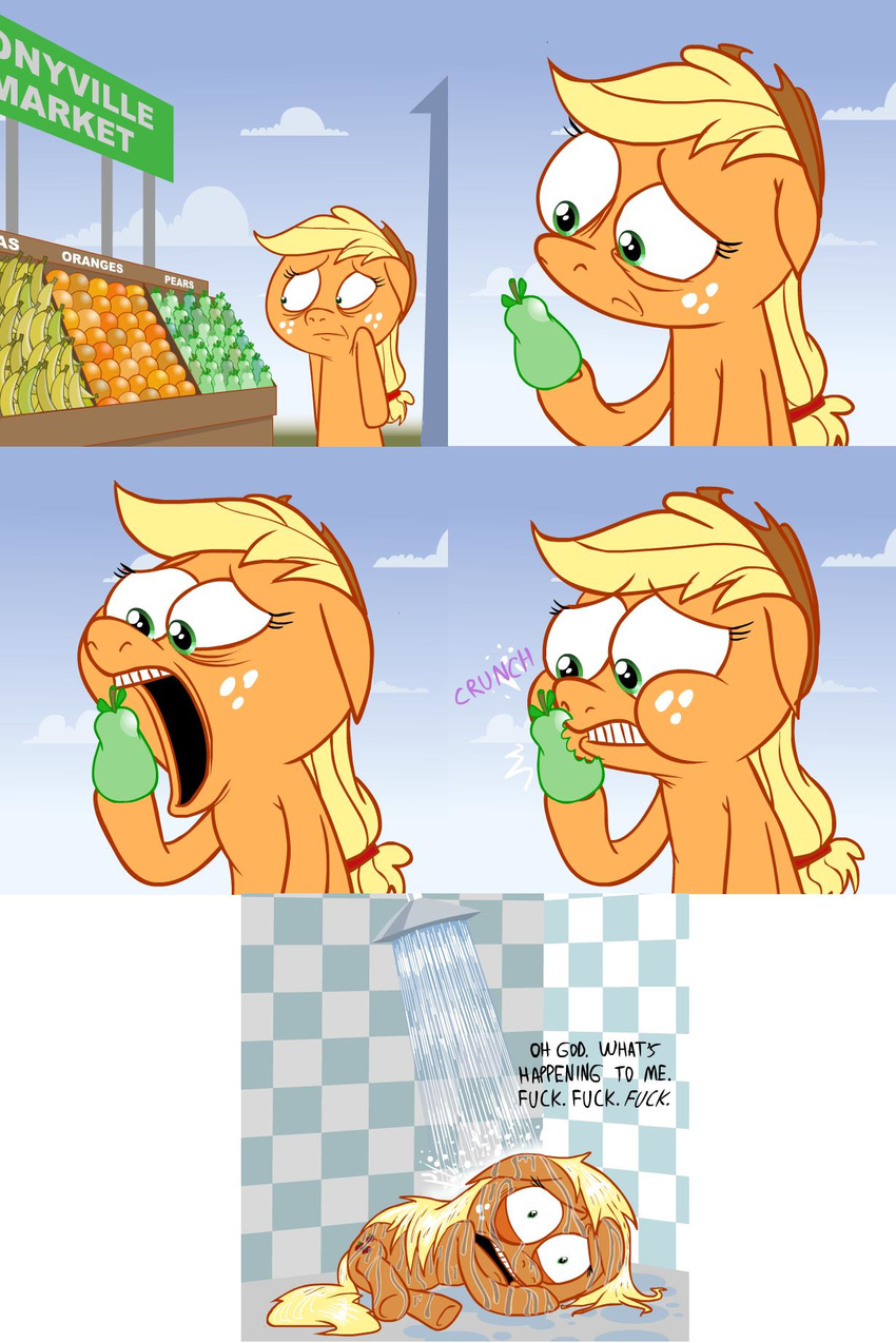 ask_jappleack banana blonde_hair cowboy_hat cutie_mark dialog eating english_text equine female feral friendship_is_magic fruit green_eyes hair hat horse hotdiggedydemon humor mammal my_little_pony outside pear pony sad shame shower text tumblr