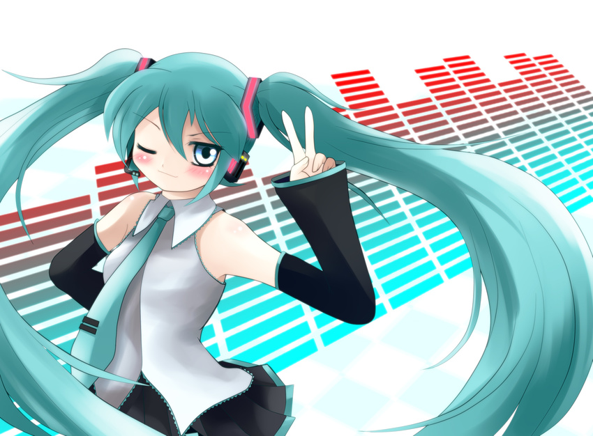 bare_shoulders blue_eyes blush detached_sleeves green_hair grin hatsune_miku headset highres long_hair necktie one_eye_closed pleated_skirt skirt smile solo twintails v vocaloid yume_shokunin