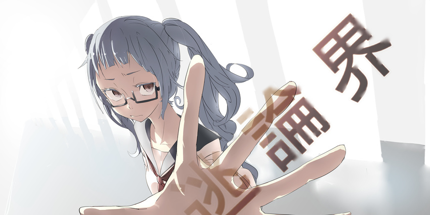 brown_eyes glasses grey_hair hatsune_miku highres long_hair maam._(summemixi) outstretched_hand solo vocaloid