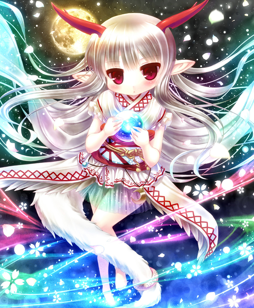 bangs blunt_bangs blush crescent crystal_ball dearoliha dragon_girl flower full_moon glowing highres horns japanese_clothes long_hair long_pointy_ears looking_at_viewer monster_girl moon night night_sky obi open_mouth original petals pointy_ears red_eyes sash short_sleeves silver_hair sky solo sphere tail tail_ornament triangle_mouth very_long_hair