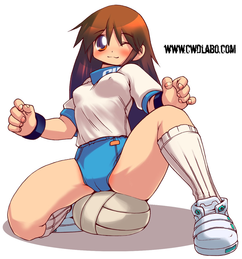 artist_request ball brown_hair buruma cameltoe character_request copyright_request covered_nipples flat_chest highres one_eye_closed solo source_request volleyball