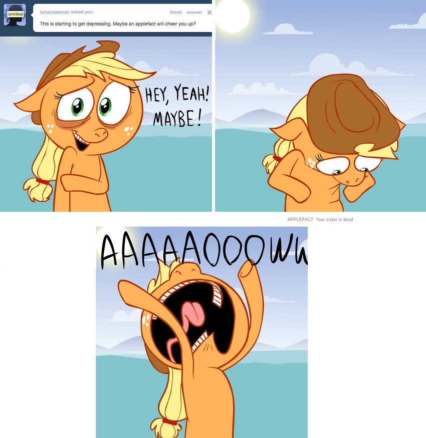 ask_jappleack blonde_hair cowboy_hat dialog english_text equine female feral friendship_is_magic green_eyes hair hat horse hotdiggedydemon humor looking_at_viewer mammal my_little_pony open_mouth outside pony sad text tumblr