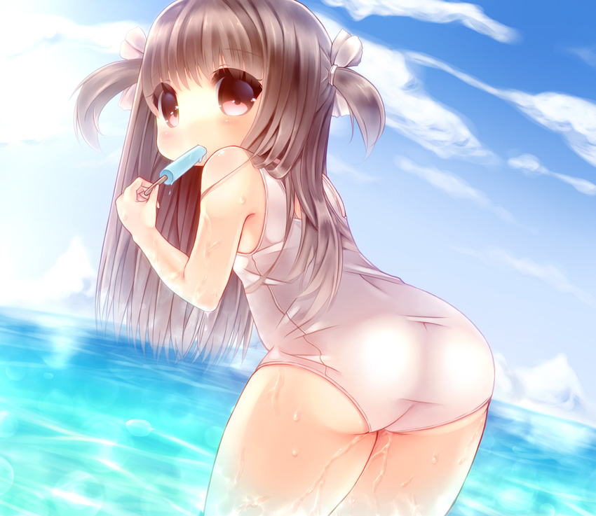 ass bare_shoulders bow brown_hair cloud day dearoliha food hair_bow highres leaning_forward long_hair looking_at_viewer looking_back ocean one-piece_swimsuit original outdoors popsicle red_eyes school_swimsuit sky solo swimsuit two_side_up wet white_swimsuit