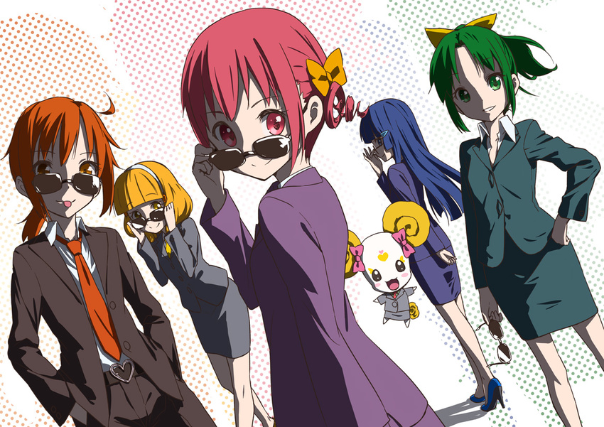 adjusting_eyewear aoki_reika blonde_hair blue_hair bow brown_eyes brown_hair candy_(smile_precure!) errant formal green_eyes green_hair hino_akane_(smile_precure!) hoshizora_miyuki kise_yayoi long_hair looking_over_eyewear midorikawa_nao multiple_girls necktie pink_bow precure red_eyes red_hair short_hair skirt skirt_suit smile_precure! suit sunglasses yellow_eyes