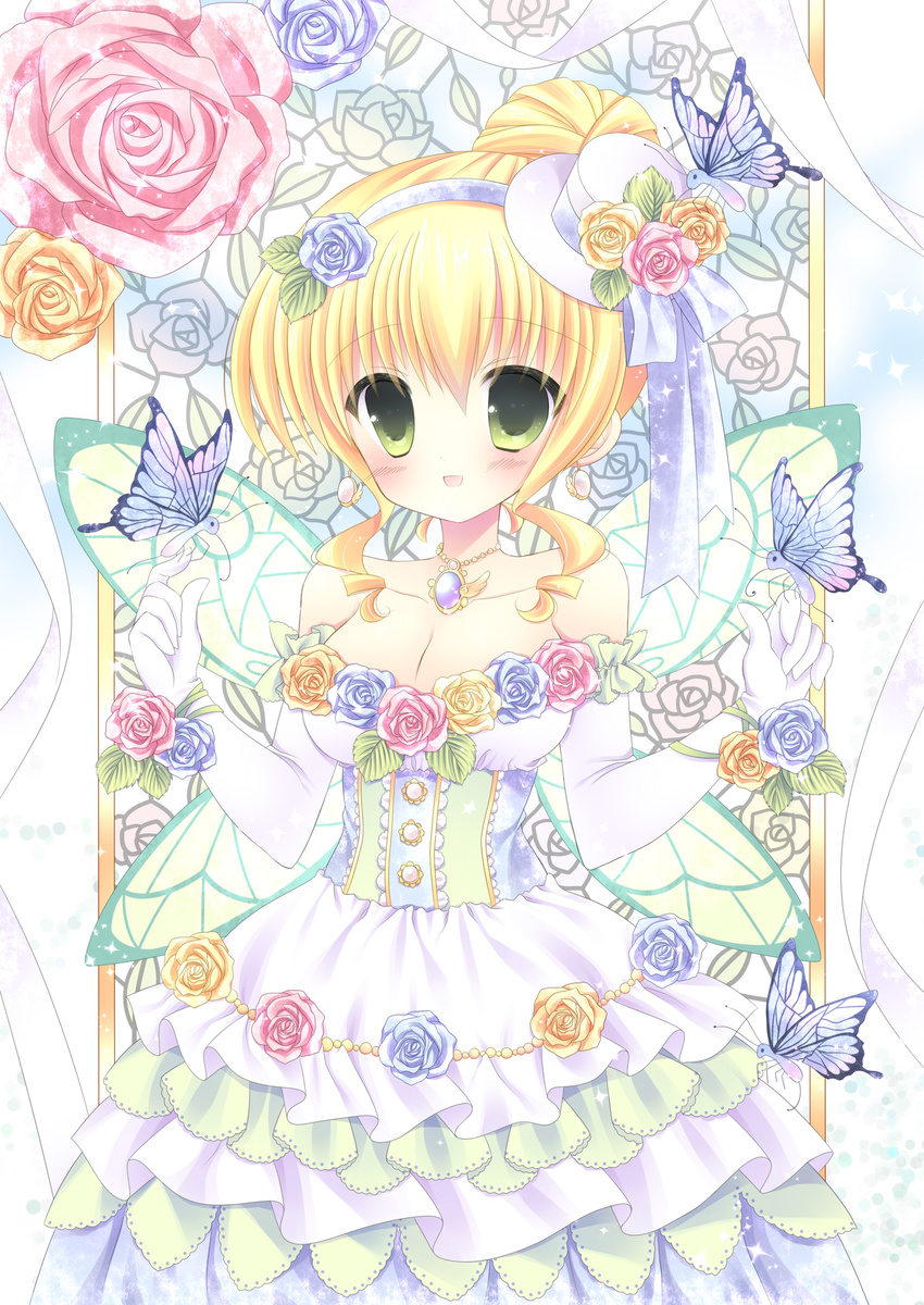 :d bad_id bad_pixiv_id blonde_hair breasts bug butterfly cleavage dress earrings elbow_gloves fairy_wings flower gloves green_eyes hat highres insect jewelry kouta. large_breasts mini_hat mini_top_hat necklace open_mouth original rose smile top_hat wings