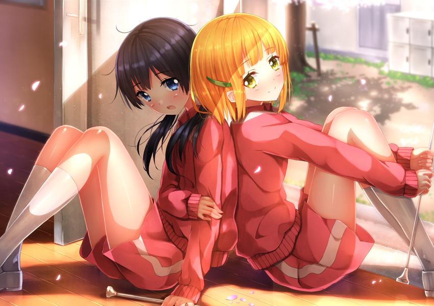 back-to-back black_hair blonde_hair blue_eyes cherry_blossoms gym_shorts hair_ornament hairclip jacket kitashirakawa_tamako kneehighs long_legs looking_at_viewer low_twintails multiple_girls open_mouth petals shoes short_hair shorts sitting sleeves_past_wrists smile swordsouls tamako_market tokiwa_midori track_jacket twintails twirl_baton white_legwear yellow_eyes