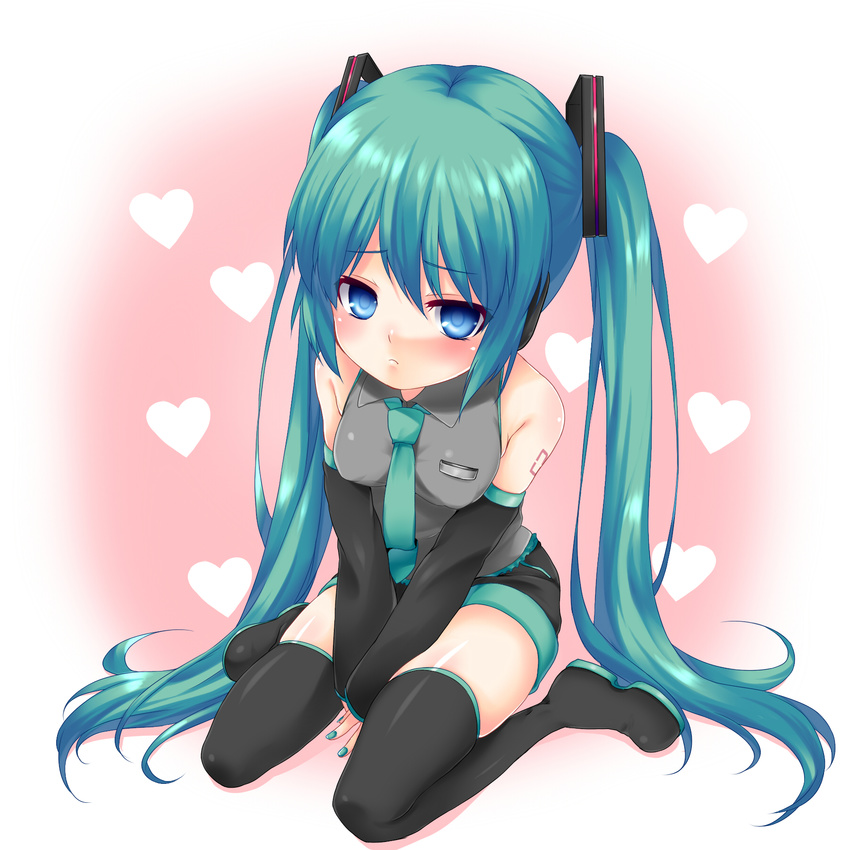 bad_id bad_pixiv_id blue_eyes blush boots detached_sleeves green_hair hatsune_miku heart highres hikataso long_hair necktie sitting solo thigh_boots thighhighs twintails very_long_hair vocaloid wariza