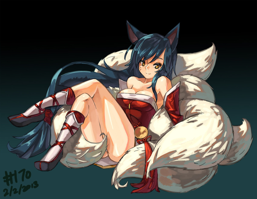 1girl ahri animal_ears blue_hair breasts canine censor_tail cleavage clothed clothing crossed_legs dated detached_sleeves female fox fox_ears fox_tail hair highres human junkpuyo league_of_legends legs_crossed long_hair looking_at_viewer low-tied_long_hair mammal multiple_tails sitting smile socks solo tail tail_censor very_long_hair whiskers yellow_eyes