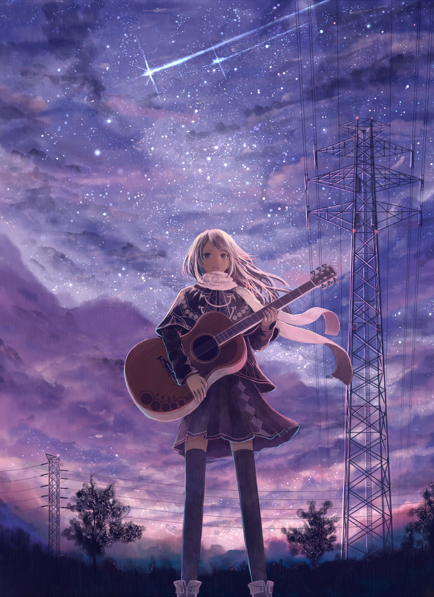 acoustic_guitar brown_eyes brown_hair capelet guitar highres instrument long_hair original power_lines sakimori_(hououbds) scarf scenery shooting_star skirt solo standing star_(sky) thighhighs