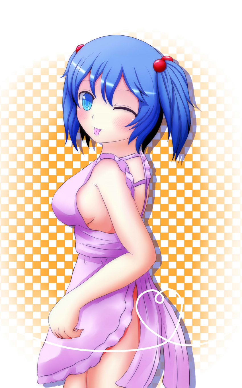 :p absurdres apron bad_id bad_pixiv_id banned_artist blue_eyes blue_hair blush_stickers breasts checkered checkered_background hair_bobbles hair_ornament heart heart_of_string highres kawashiro_nitori looking_at_viewer medium_breasts naked_apron no_hat no_headwear one_eye_closed oohirakeisuke short_hair sideboob solo tongue tongue_out touhou two_side_up