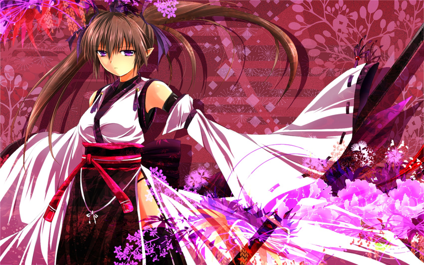 black_legwear black_panties brown_hair detached_sleeves flower hair_ribbon hat highres himekaidou_hatate long_sleeves looking_at_viewer nekominase obi panties pointy_ears purple_eyes ribbon sash shirt side_slit skirt solo thighhighs tokin_hat touhou twintails underwear wide_sleeves