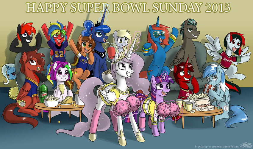 black_feathers black_fur blonde_hair blue_eyes blue_feathers blue_fur blue_hair bowl bracelet cake clothed clothing derpy_hooves_(mlp) donuts drink english_text equine eyewear female feral food friendship_is_magic fur glasses green_eyes grey_fur group hair horn horse inside jewelry john_joseco magic male mammal mountain_dew my_little_pony original_character pegasus plate pom_poms pony popcorn princess_celestia_(mlp) princess_luna_(mlp) purple_eyes purple_fur purple_hair red_eyes red_feathers red_fur red_hair table text trixie_(mlp) twilight_sparkle_(mlp) unicorn white_feathers white_fur winged_unicorn wings wood